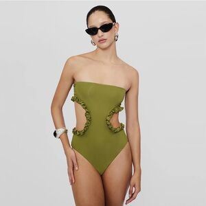 MAYGEL CORONEL POIMA ONE PIECE MOSS Olive Green Strapless Swimsuit Ruffle Cutout